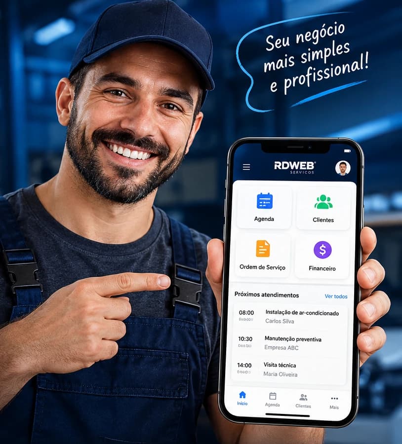Prestador de serviço sorrindo e apontando para o celular com a agenda e os próximos atendimentos.