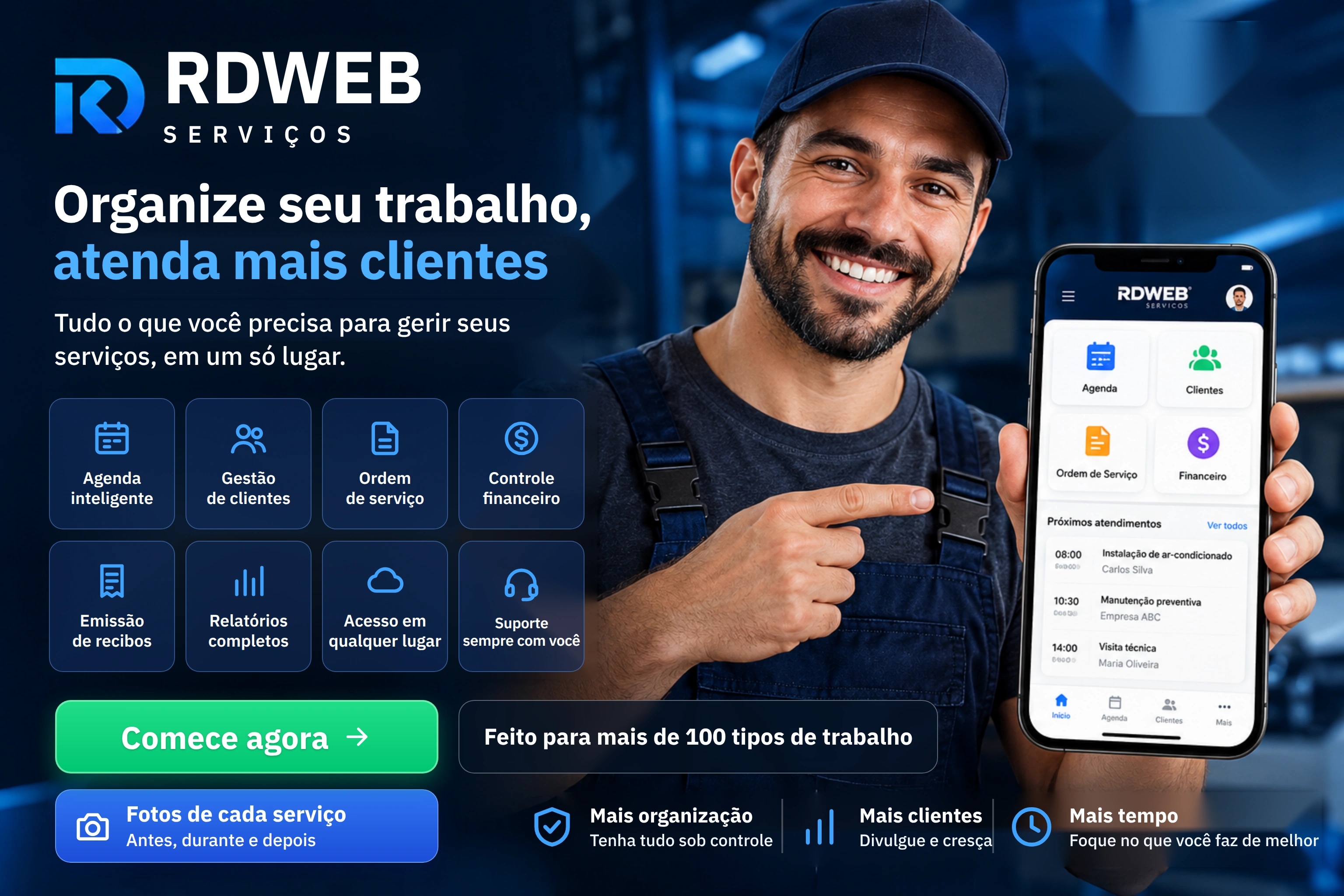 Prestador de serviço sorrindo e apontando para o celular com os próximos atendimentos. Organize seu trabalho e atenda mais clientes: agenda, clientes, serviços, recibos, relatórios e controle financeiro em um só lugar. Fotos de cada serviço: antes, durante e depois, guardadas no sistema. Teste grátis por 30 dias, sem cartão de crédito.